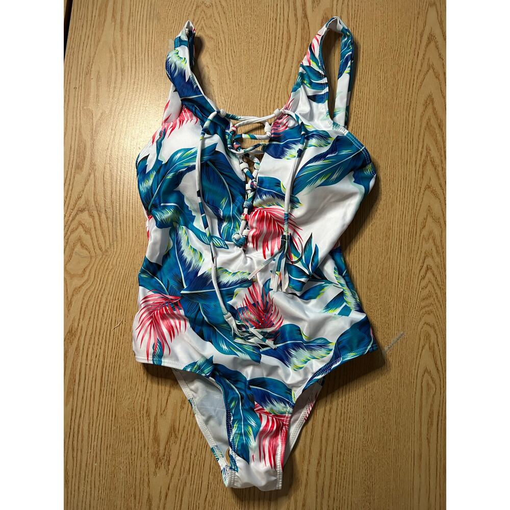 C1 New women’s 1pc Tie up Tropical 🌴 print swimsuit White Blue Pink size Small